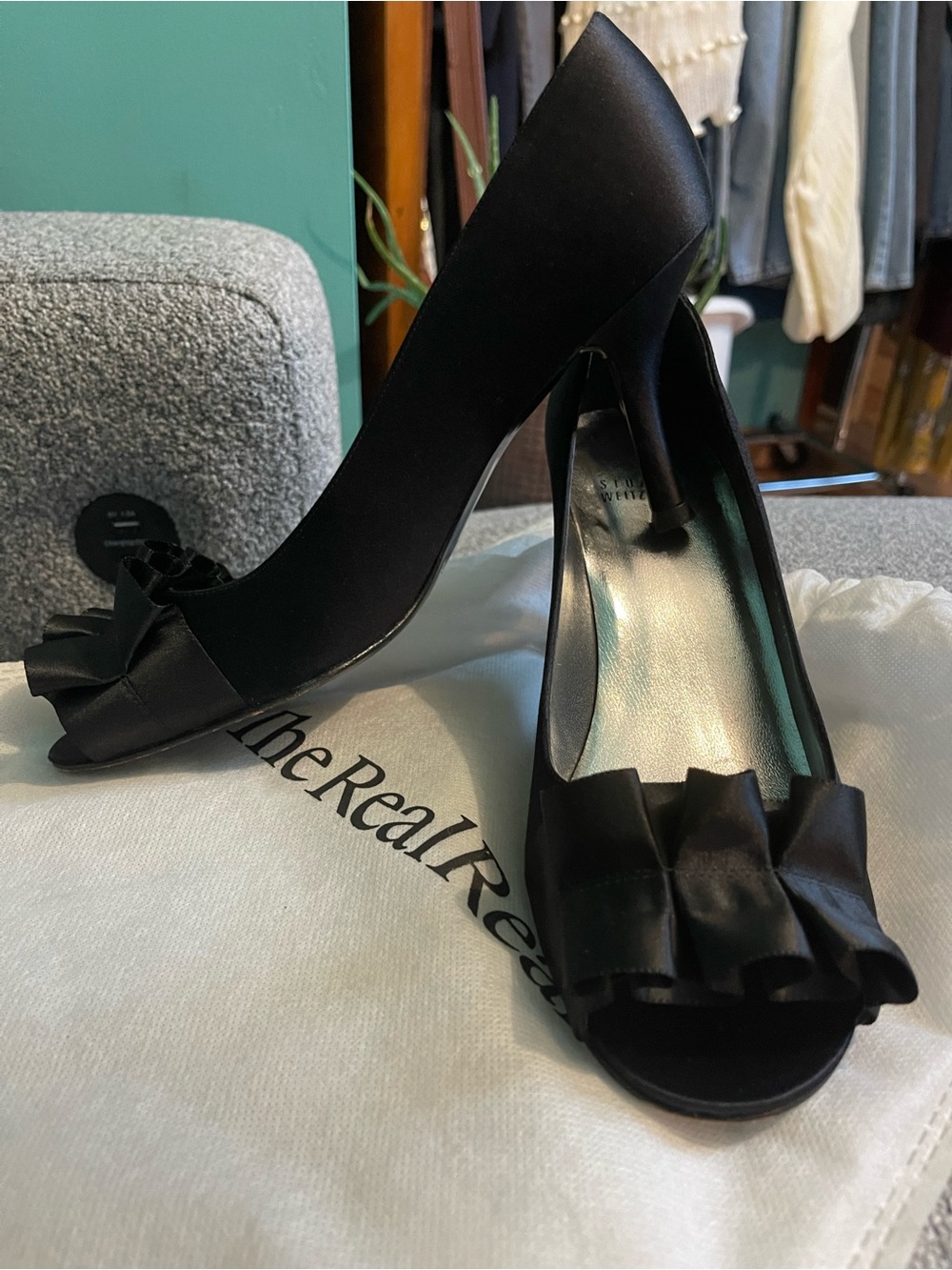 Stuart Weitzman Black Satin Peep-Toe Heels with Ruffle Detail